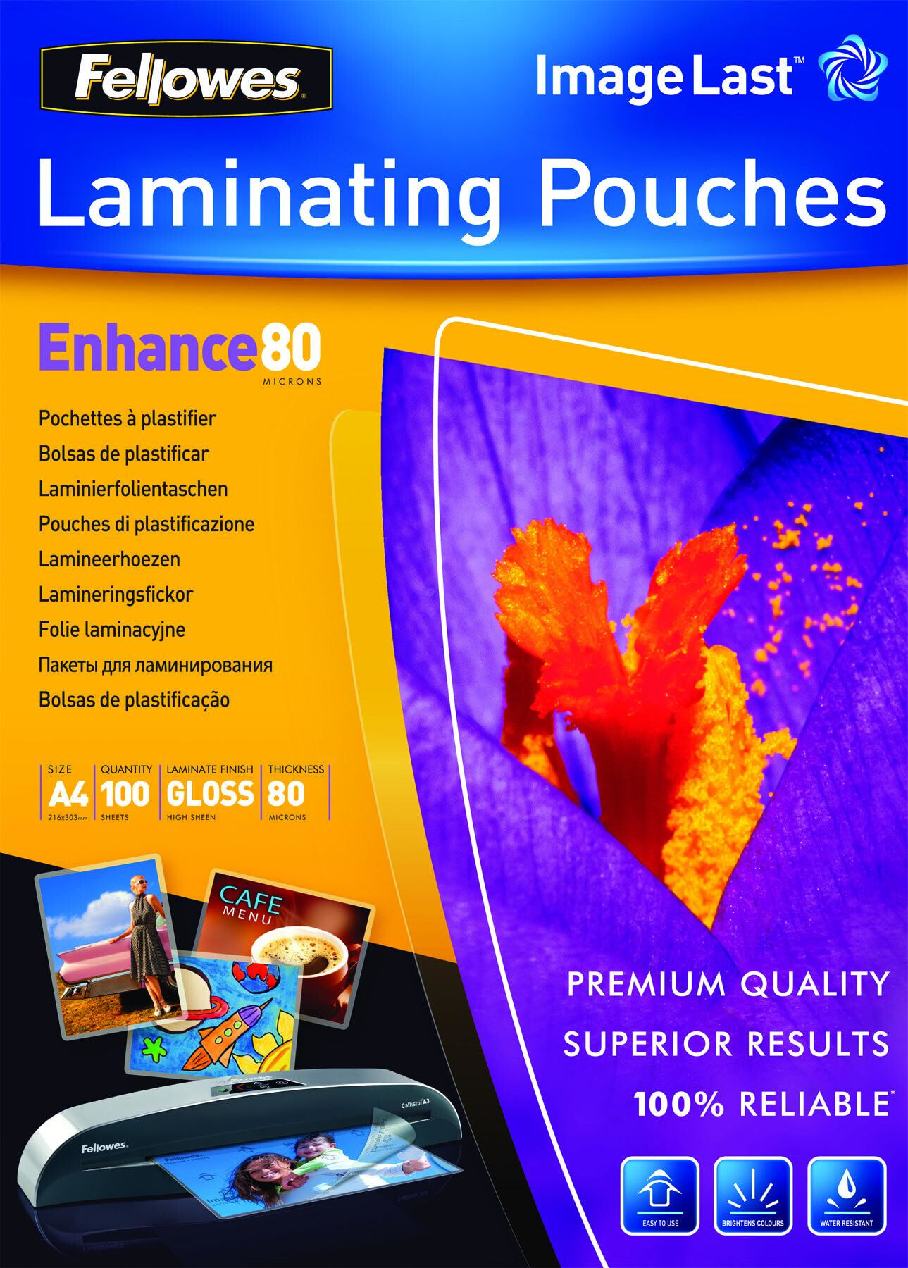 Fellowes ImageLast A4 80 Micron Laminating Pouch - 100 pack - Transparent - Plastic - A4 - 216 mm - 1 mm - 303 mm