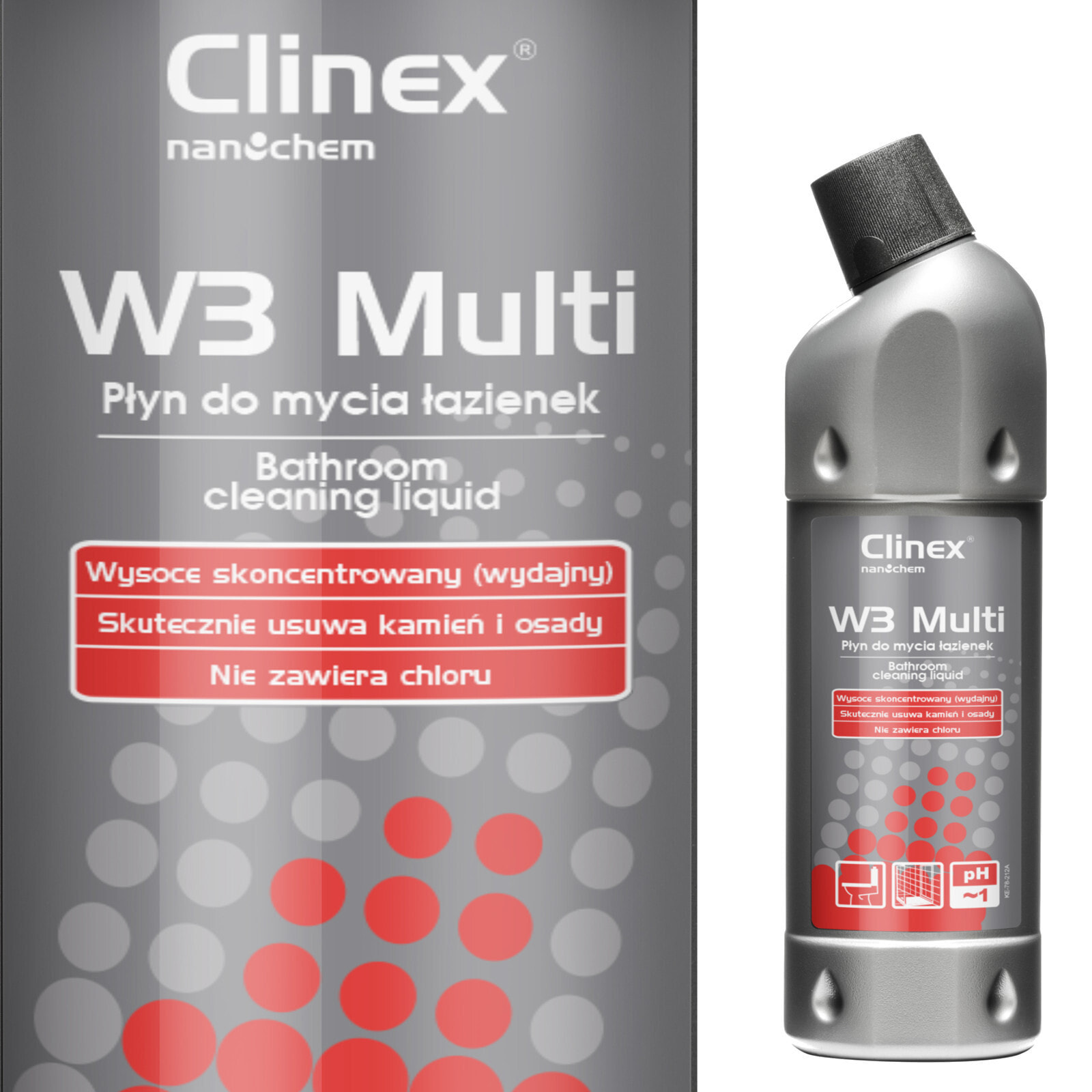 Perfect liquid for cleaning bathrooms and sanitary facilities. CLINEX W3 Multi 1L