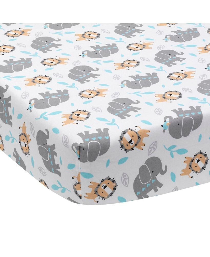 Jungle Fun White/Gray/Blue Elephant & Lion Baby Fitted Crib Sheet