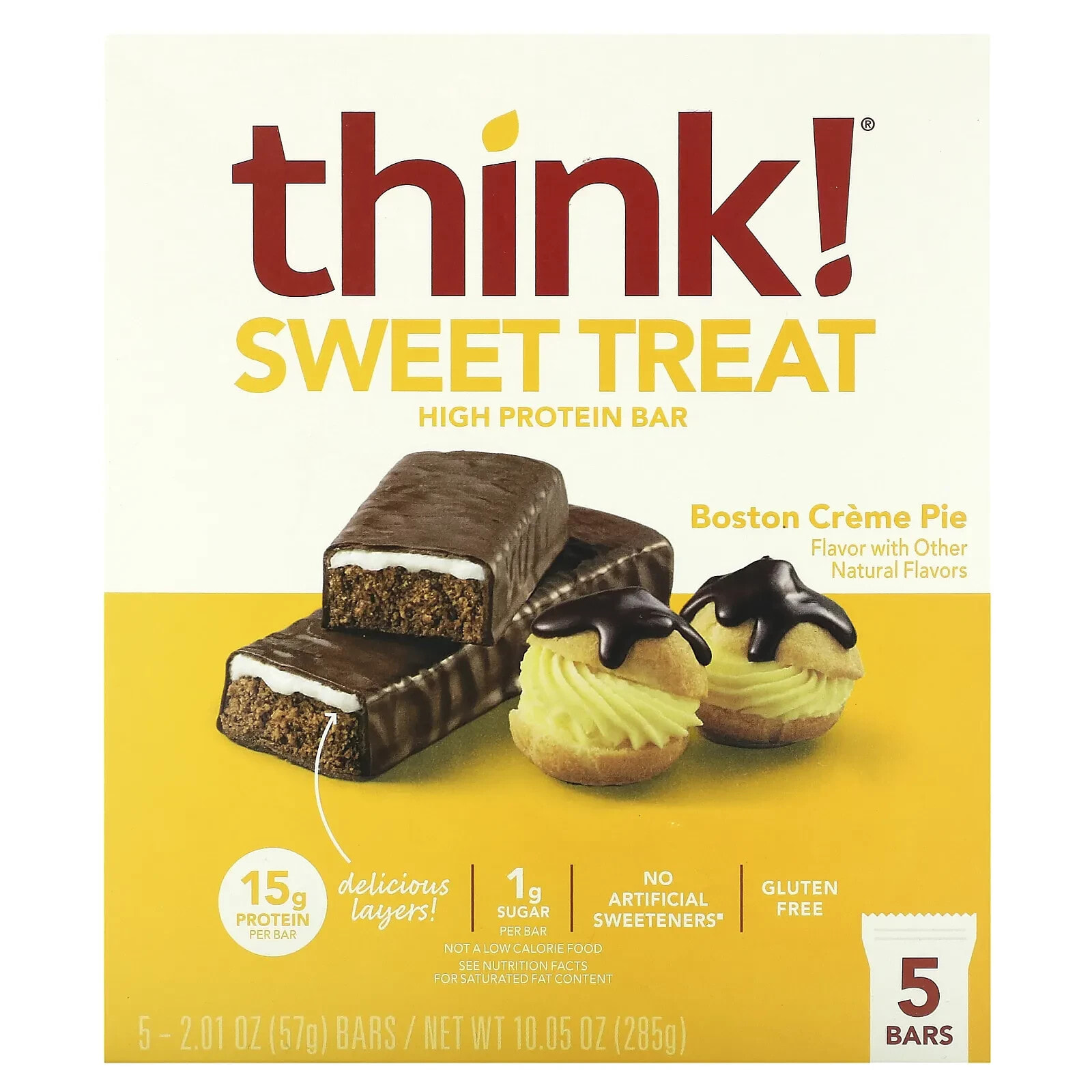 Think !, Sweet Treat, батончик с высоким содержанием протеина, бостонский кремовый пирог, 5 батончиков, 57 г (2,01 унции)