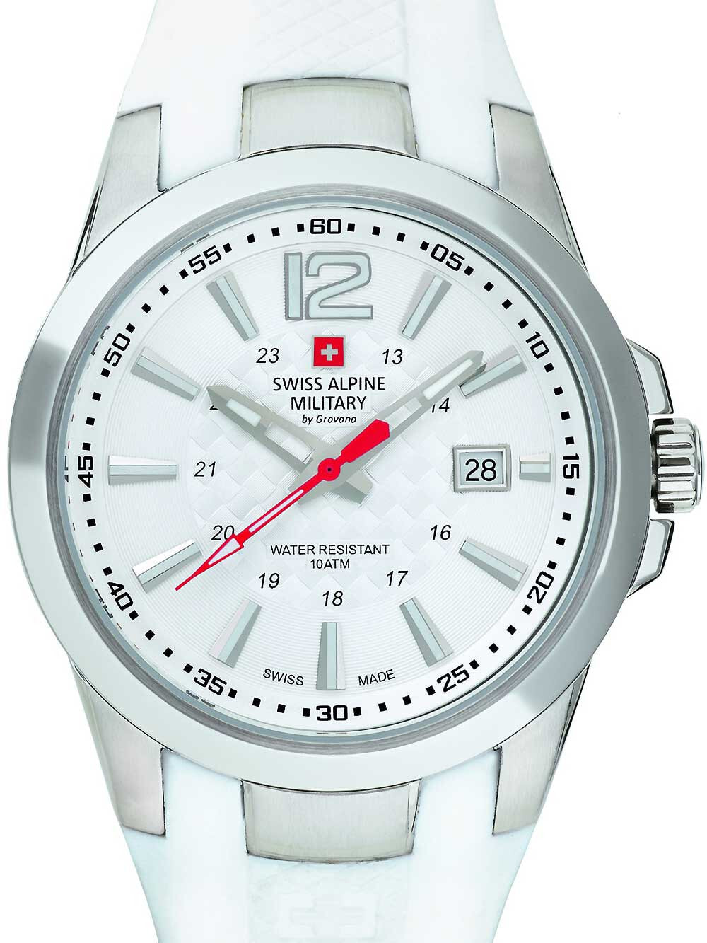 Мужские наручные часы с белым силиконовым  ремешком Swiss Alpine Military 7058.1833 sport mens 43mm 10ATM