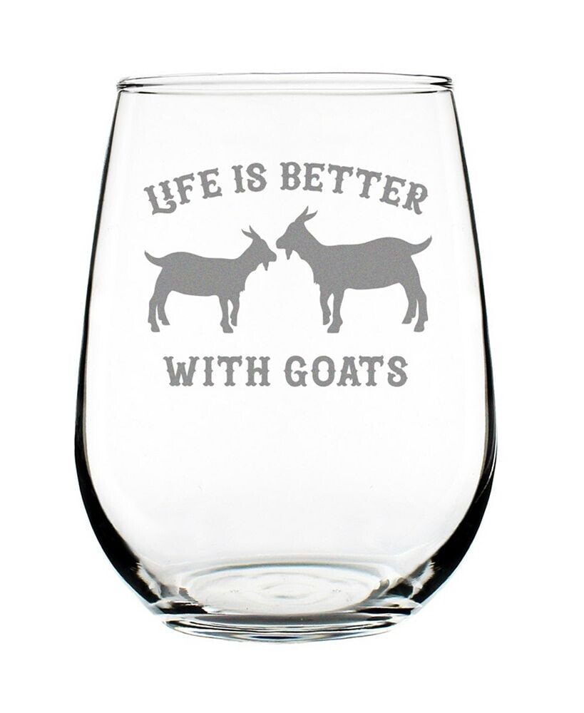 Bevvee life is Better with Goats Funny Goat Gifts Stem Less Wine Glass, 17 oz