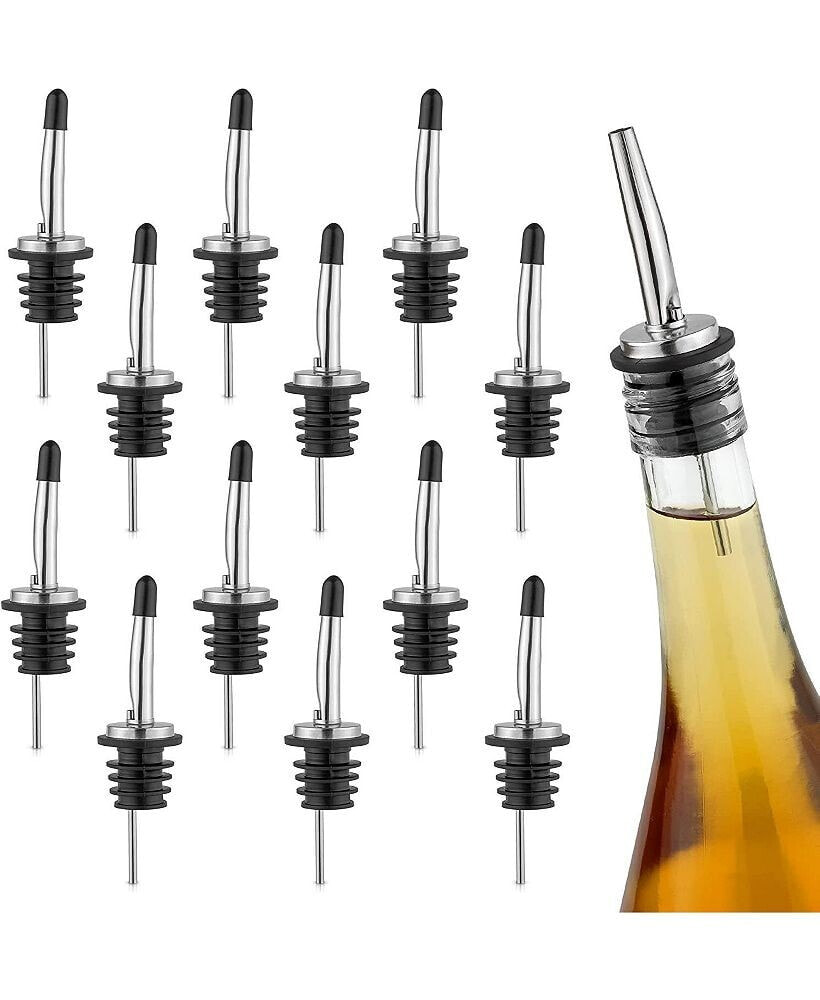 Zulay Kitchen stainless Steel Liquor Bottle Pourers with Rubber Dust Caps - 12 Pack