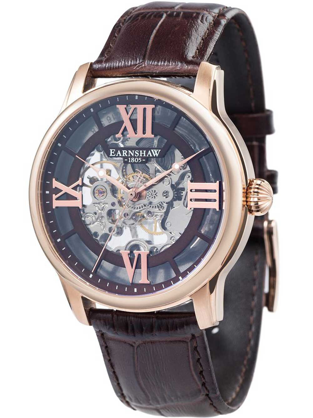 Мужские наручные часы с коричневым кожаным ремешком Thomas Earnshaw ES-8062-02 Longitude manual wind 44mm 5ATM