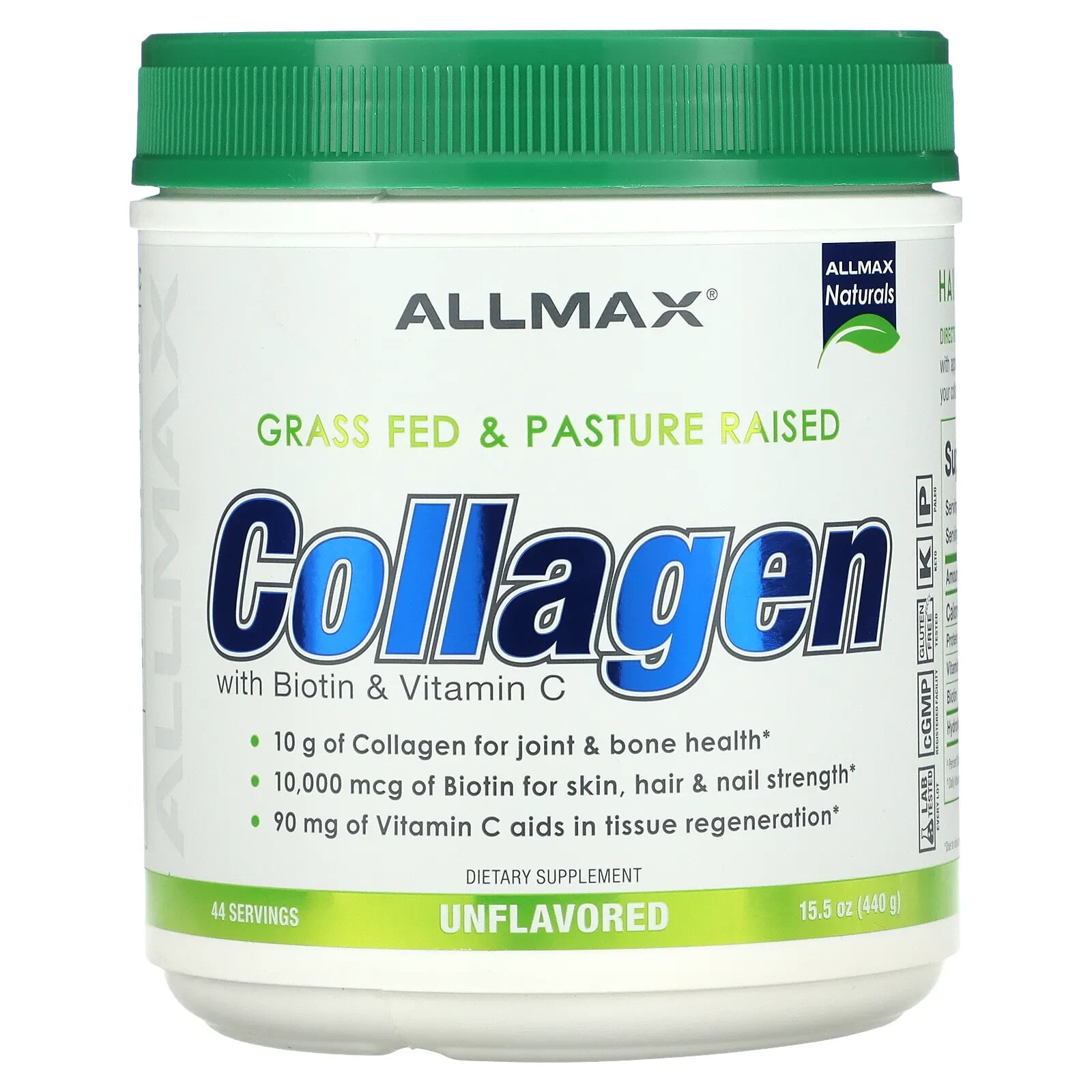 Grass Fed & Pasture Raised Collagen with Biotin & Vitamin C, Unflavored, 15.5 oz (440 g)