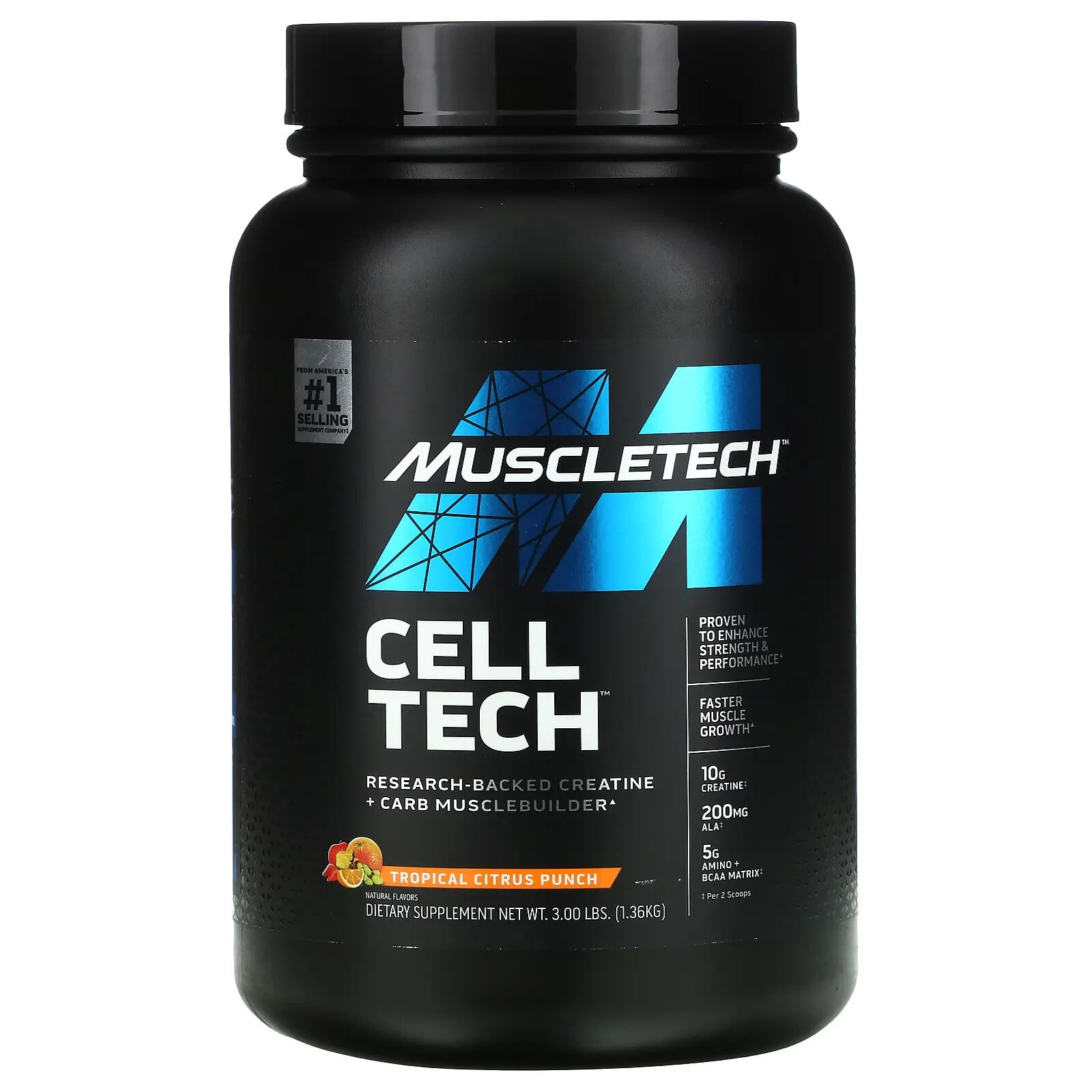 Cell Tech, Research-Backed Creatine + Carb Musclebuilder, Tropical Citrus Punch, 3 lbs (1.36 kg)