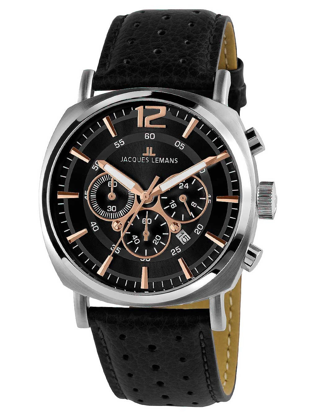 Мужские наручные часы с черным кожаным ремешком  Jacques Lemans 1-1645J Lugano Chronograph Mens 46mm 10 ATM