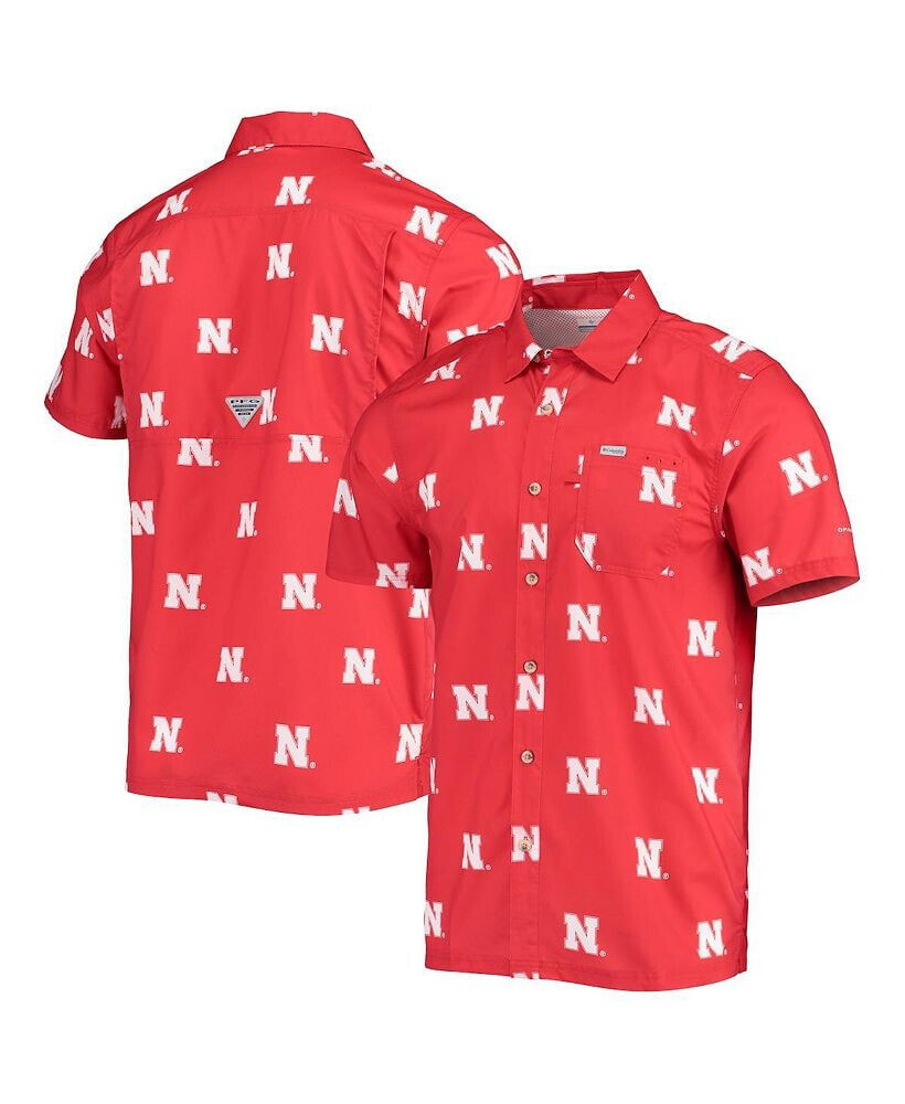 Columbia men's Scarlet Nebraska Huskers Super Slack Tide Omni-Shade Button-Up Shirt