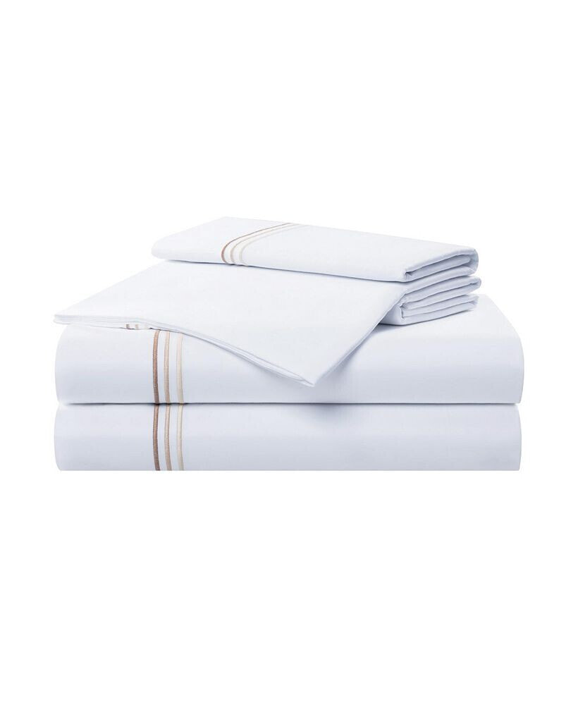 Sateen Twin Sheet Set, 1 Flat Sheet, 1 Fitted Sheet, 2 Pillowcases, 600 Thread Count, Sateen Cotton, Pristine White with Fine Baratta Embroidered 3-Striped Hem