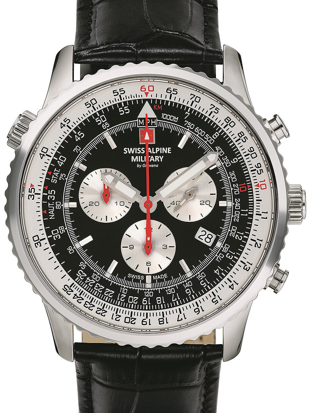 Мужские наручные часы с черным кожаным ремешком Swiss Alpine Military 7078.9537 chrono mens 45mm 10ATM