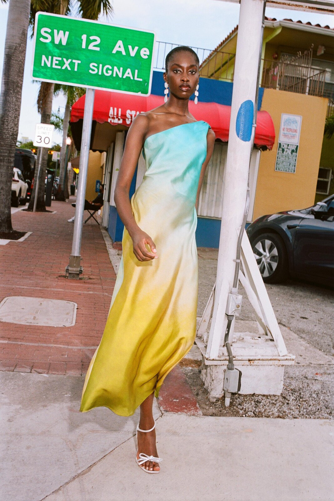 Asymmetric tie-dye satin dress