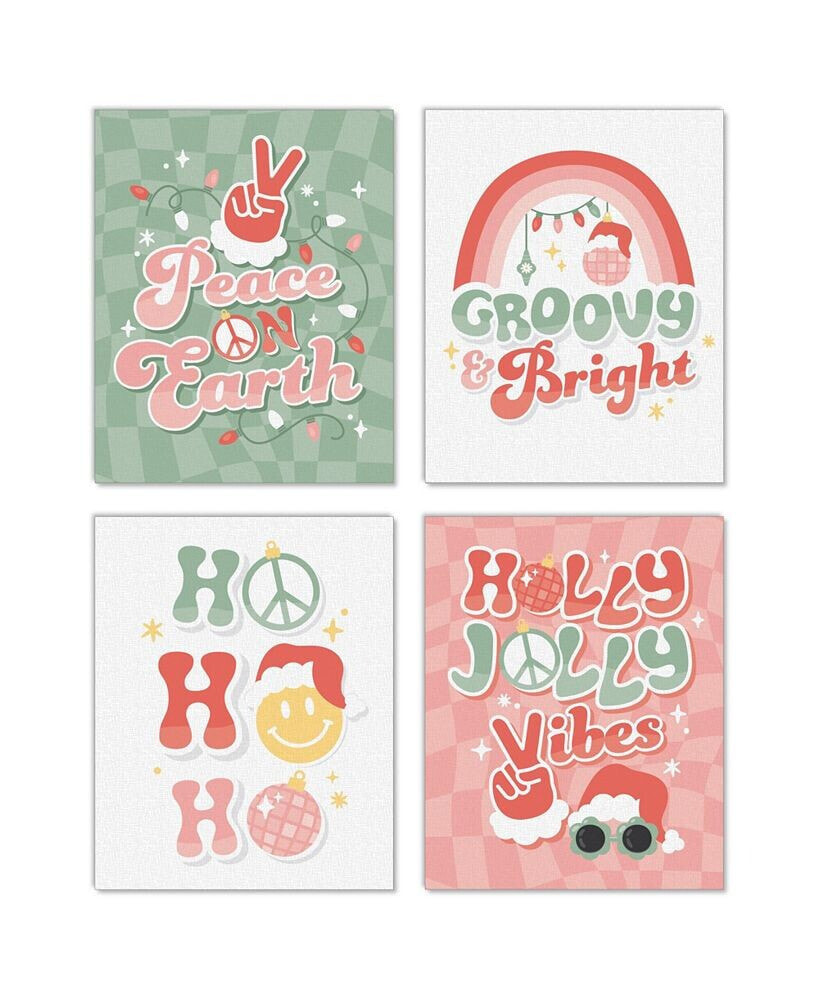 Big Dot of Happiness groovy Christmas - Unframed Linen Paper Wall Art - Set of 4 Artisms - 8 x 10 in