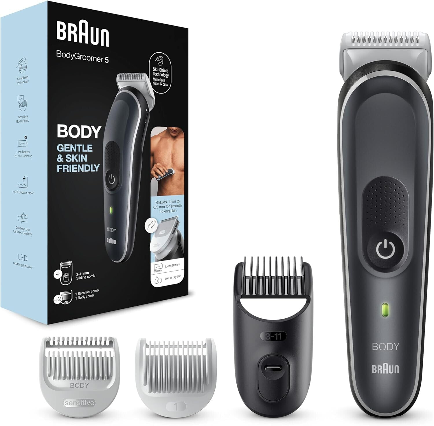 Braun Series 5 Body Groomer / Intimate Shaver for Men, Body Care and Hair Removal for Men, for Chest, Armpits, Comb Attachments 1-11 mm, 100 Minutes Runtime, Valentine's Day Gift for Him, BG5340