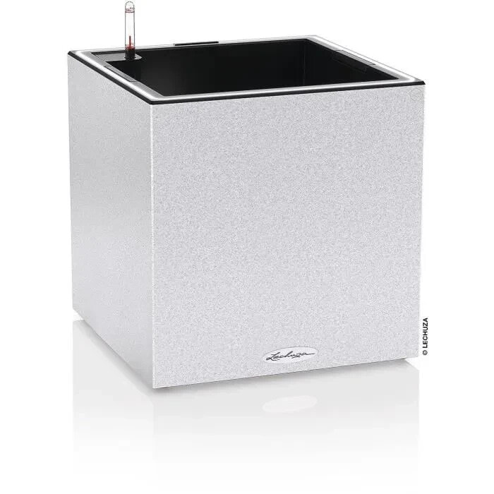 LECHUZA Canto Stone Cube 40 Blumentopf - komplettes LED-Set, Quarzwei