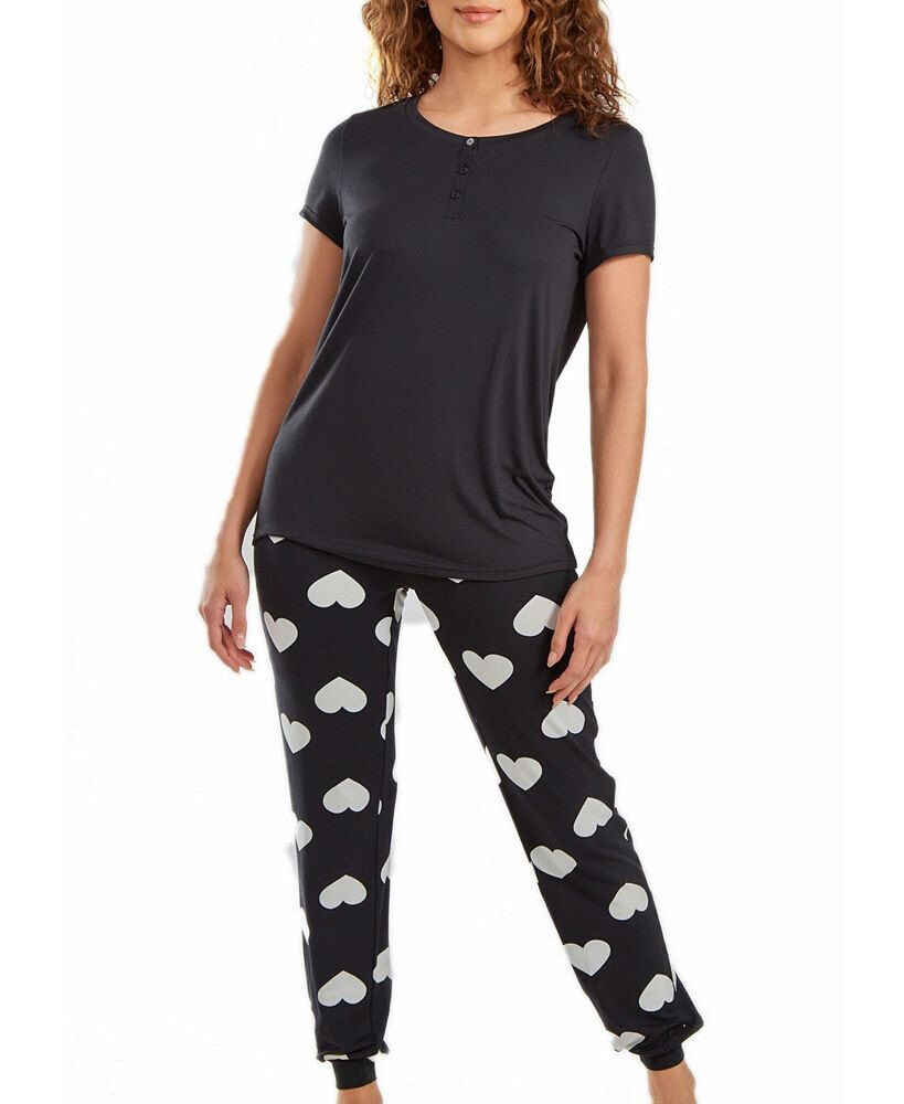 iCollection women's Kind Heart Modal T-shirt and Jogging Pant Pajama in Comfy Cozy Style, 2 Piece