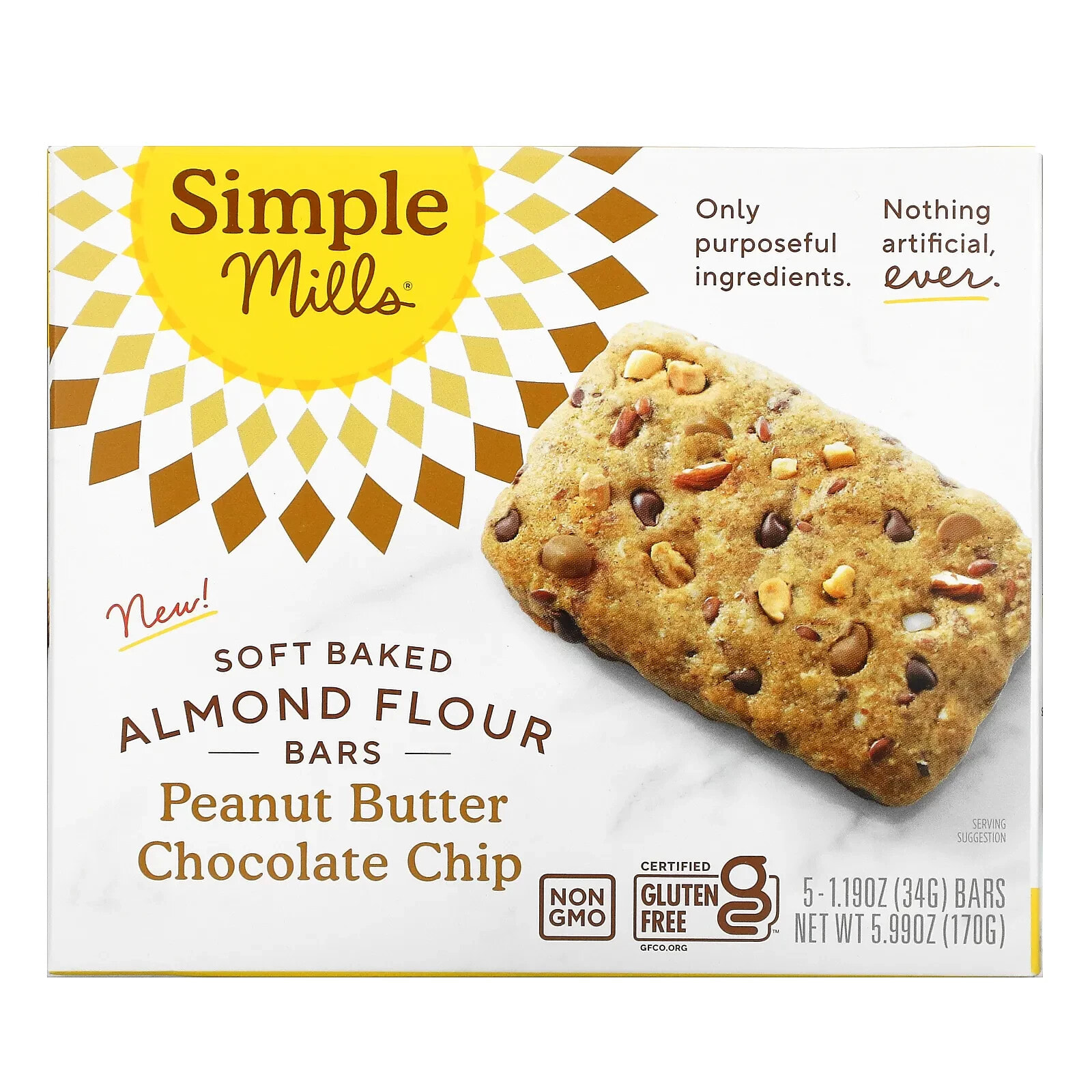 Soft Baked Almond Flour Bars, Peanut Butter Chocolate Chip, 5 Bars, 1.19 oz (34 g) Each