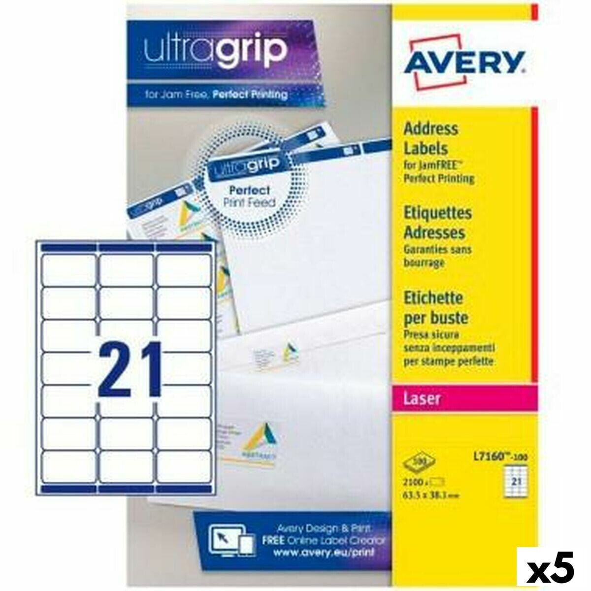 Printer Labels Avery L7160 White 100 Sheets 63,5 x 38,1 mm (5 Units)