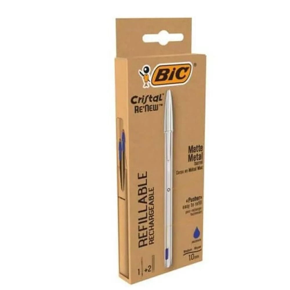 BIC Renew crystal ballpoint pen with blue ink with matte aluminum body plus 2 refills in a cardboard box