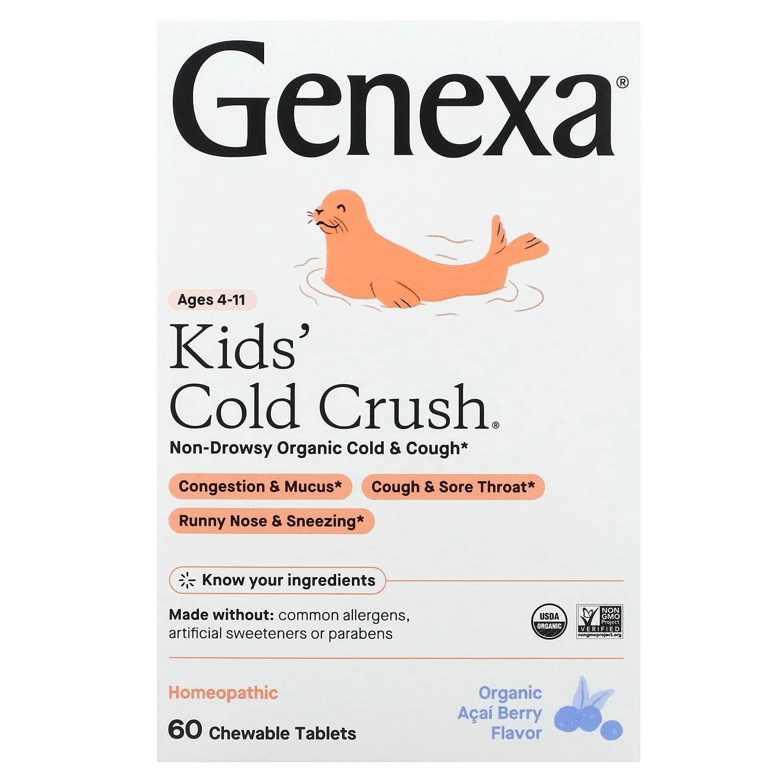 Genexa LLC, Kids´ Cold Crush, Cold & Cough, Ages 3+, Organic Acai Berry, 60 Chewable Tablets