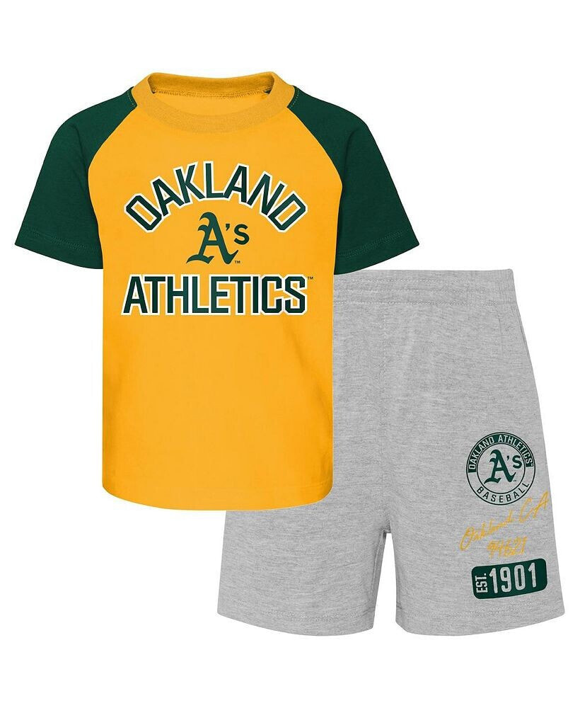 Outerstuff toddler Boys and Girls Gold, Heather Gray Oakland Athletics Two-Piece Groundout Baller Raglan T-shirt and Shorts Set