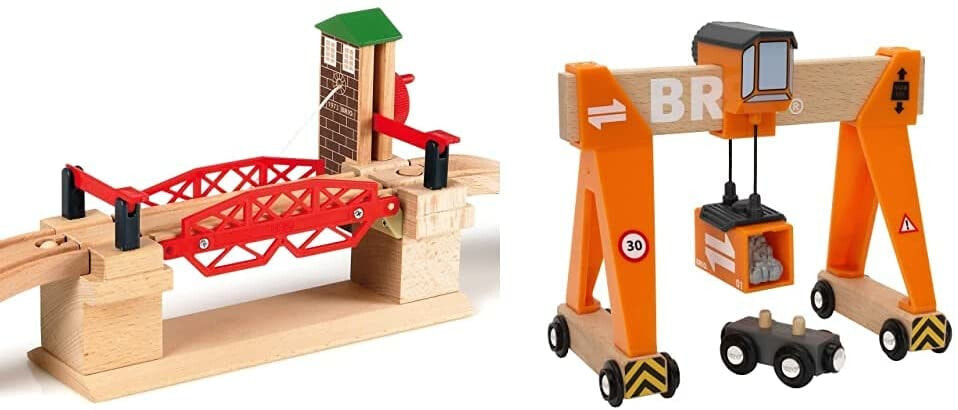 BRIO World 33757 Подъемный мост - Железнодорожные принадлежности Деревянный поезд - Игрушка для малышей, рекомендованная для детей от 3 лет и поезд 33732 - Контейнерный кран-манипулятор