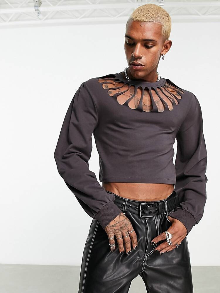ASOS DESIGN – Kurz geschnittenes Sweatshirt in verwaschenem Grau mit Laser-Zierausschnitt