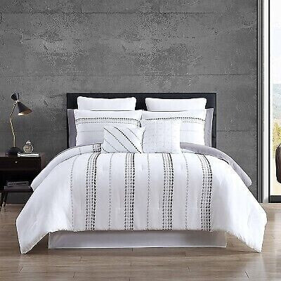 12pc King Delphi Embroidered Stripe Comforter & Sheets Bedding Set - White/Gray