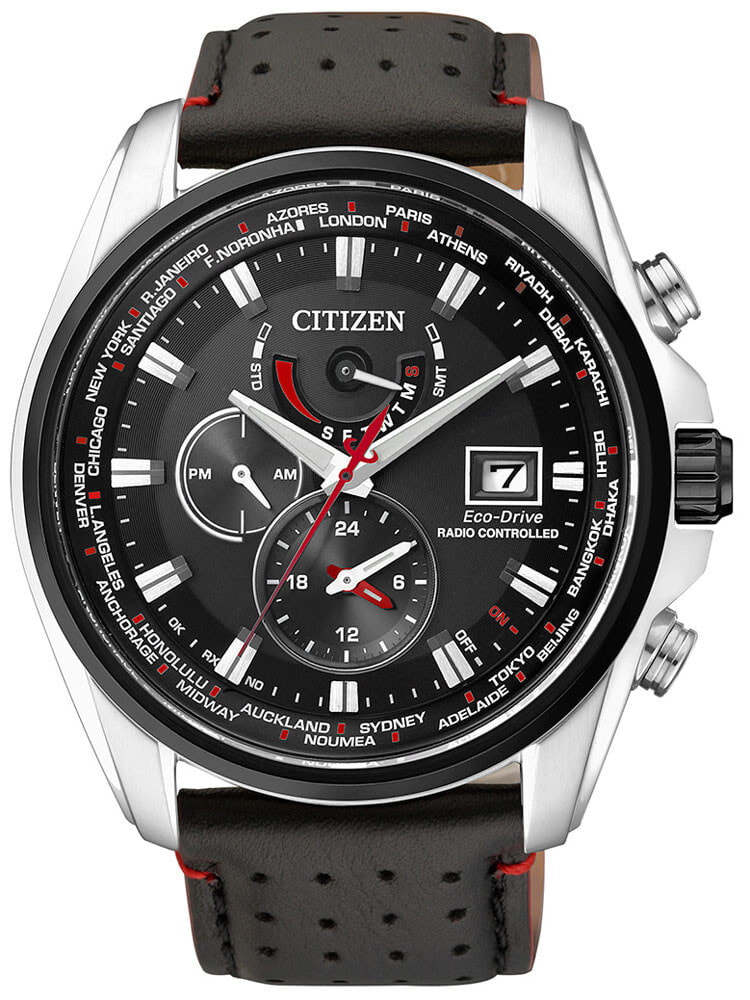 Мужские наручные часы с черным кожаным ремешком Citizen AT9036-08E Eco-Drive Mens Radio Controlled Watch Sapphire Glass 10 ATM 44mm