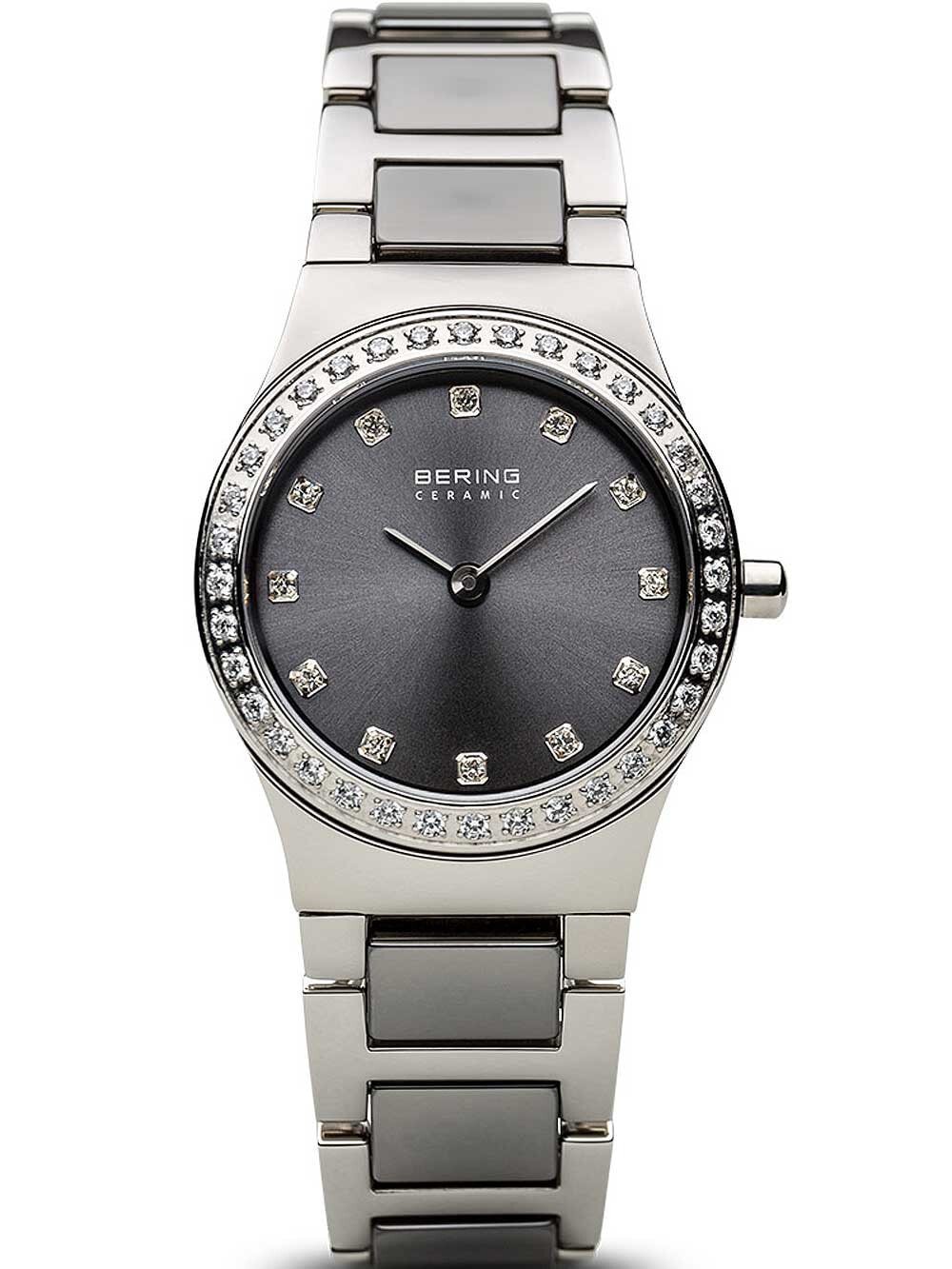 Женские наручные кварцевые часы  Bering  браслет стальной с керамическими вставками. Циферблат украшены кристаллами Swarovski.