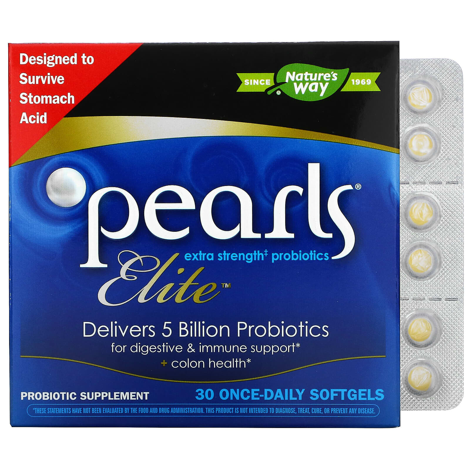 Натурес Вэй, Pearls Elite, пробиотики с повышенной силой действия, 30 капсул для приема один раз в день