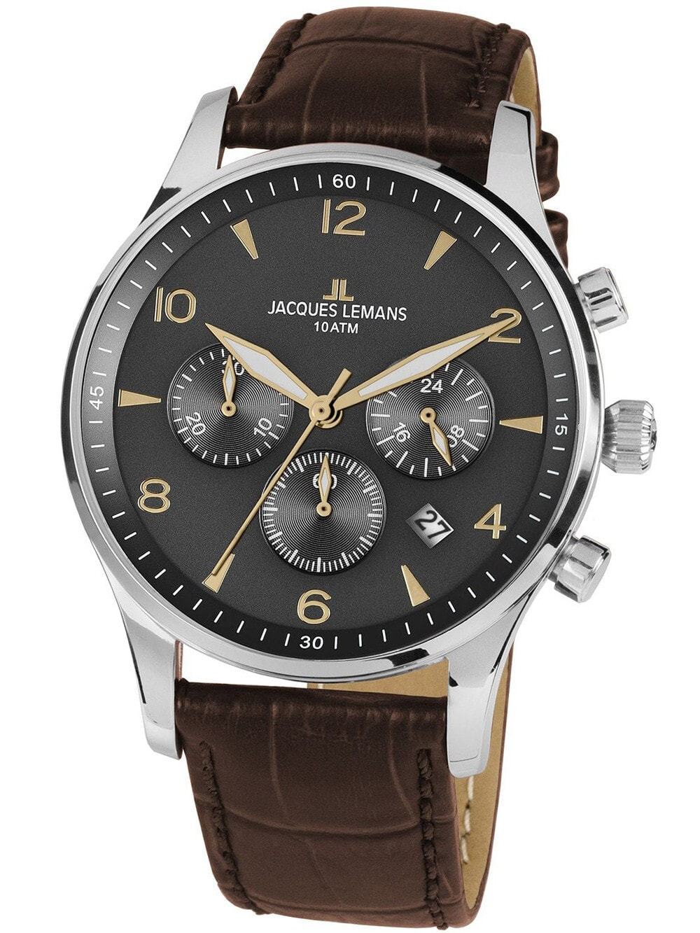Мужские наручные часы с коричневым кожаным ремешком  Jacques Lemans 1-1654ZJ London Chronograph 40mm 10ATM