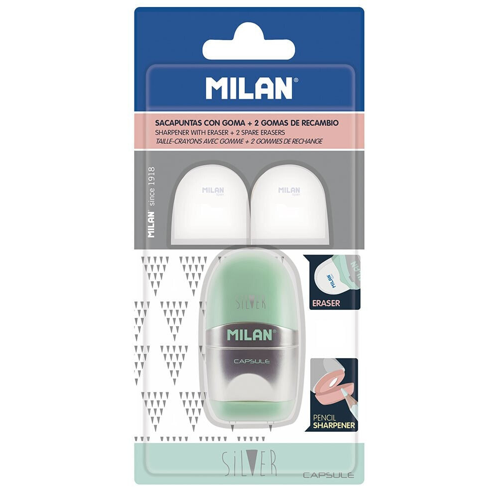 MILAN Blister Pack Eraser With Pencil Sharpener Capsule Silver+2 Spare Erasers