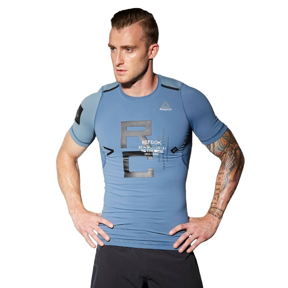 Мужская футболка спортивная синяя с принтом для бега Reebok Combat Rash Guard
