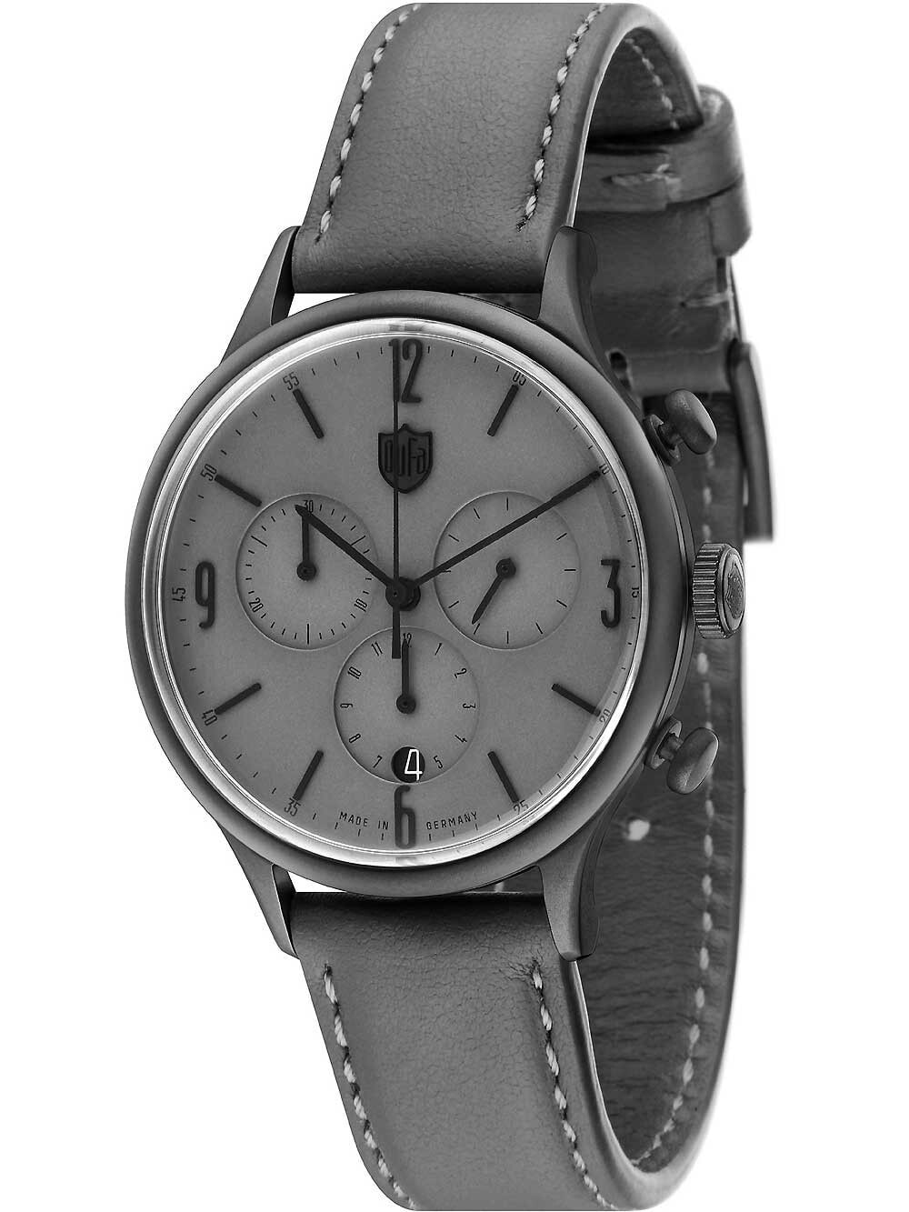 Мужские наручные часы с серым кожаным ремешком DuFa DF-9002-0C chrono 38 mm 3ATM