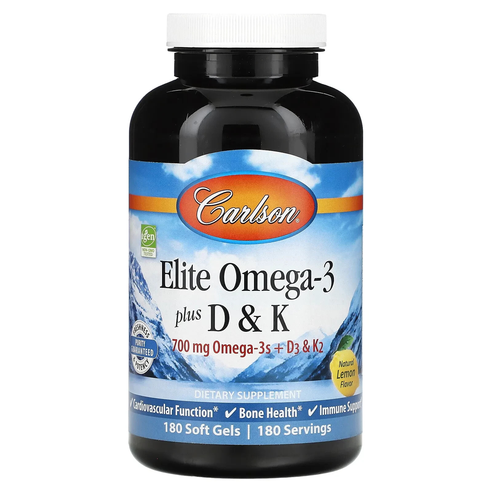 Elite Omega-3 Plus D & K, Natural Lemon Flavor, 180 Soft Gels