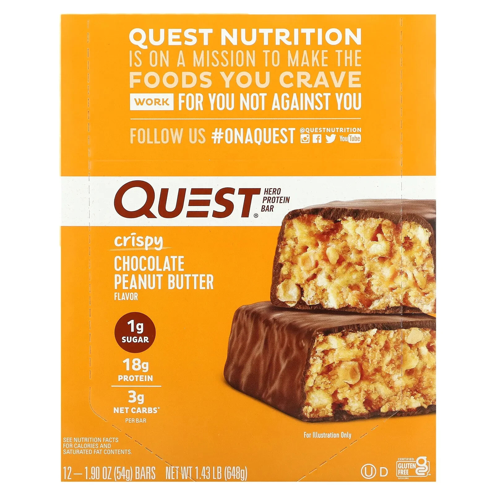 Quest Nutrition, Hero Protein Bar, хрустящий шоколад с арахисовой пастой, 12 батончиков по 54 г (1,9 унции)