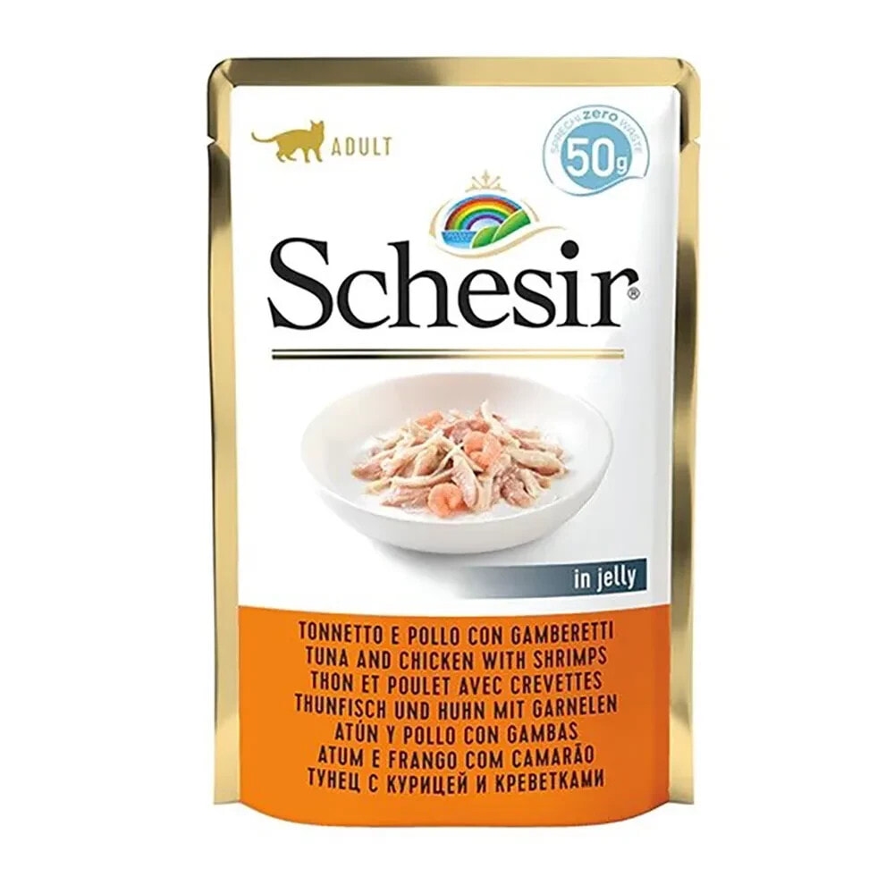 SCHESIR In jelly tuna and chicken with shrimps wet cat food 50g