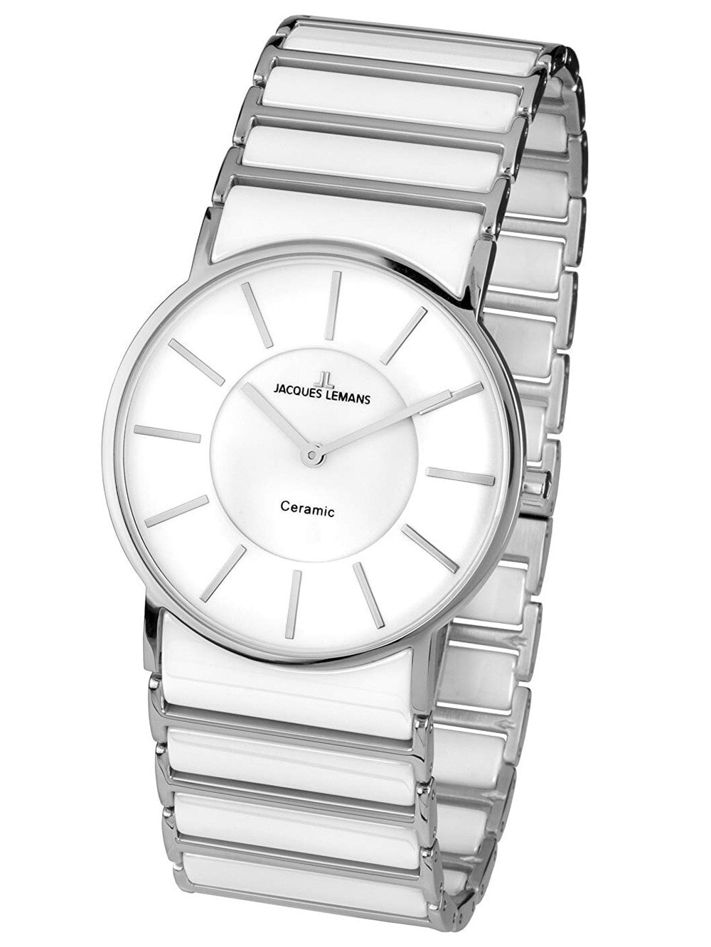 Женские наручные кварцевые часы Jacques Lemans Циферблат белого цвета,  установлено сапфировое стекло. Звенья браслета сделаны из высокотехнологичной керамики.  На браслет установлена надежная застежка-клипса.