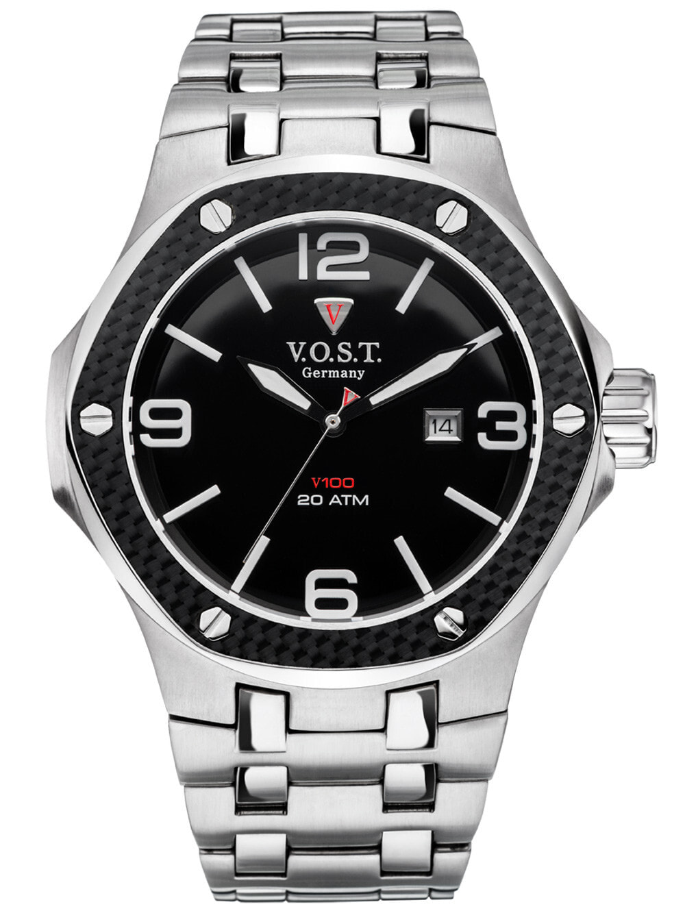 Мужские наручные часы с серебряным браслетом V.O.S.T. Germany V100.009.3S.SC.M.B Steel-Date 44mm 20ATM