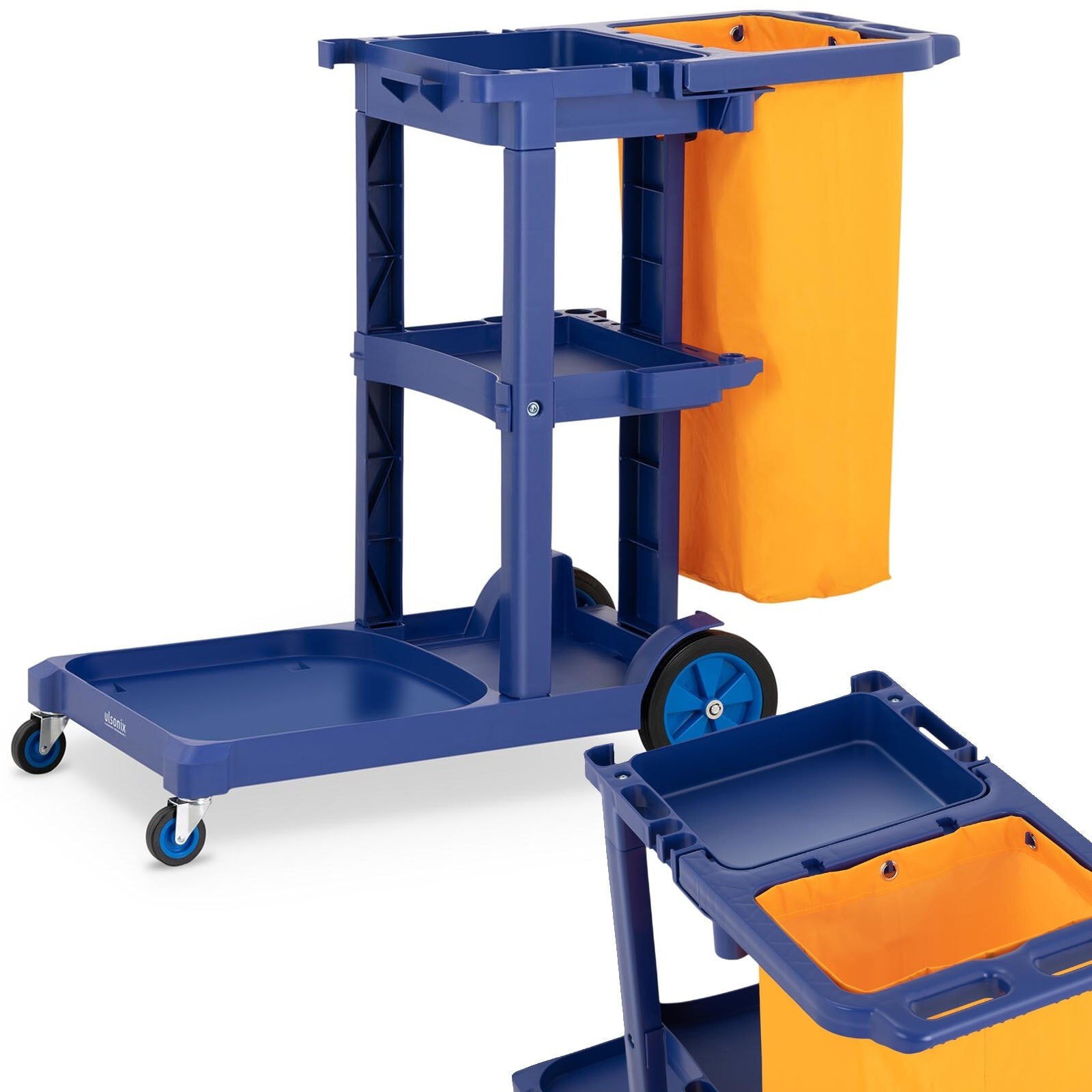 Service trolley with shelves, mop holder and laundry bag