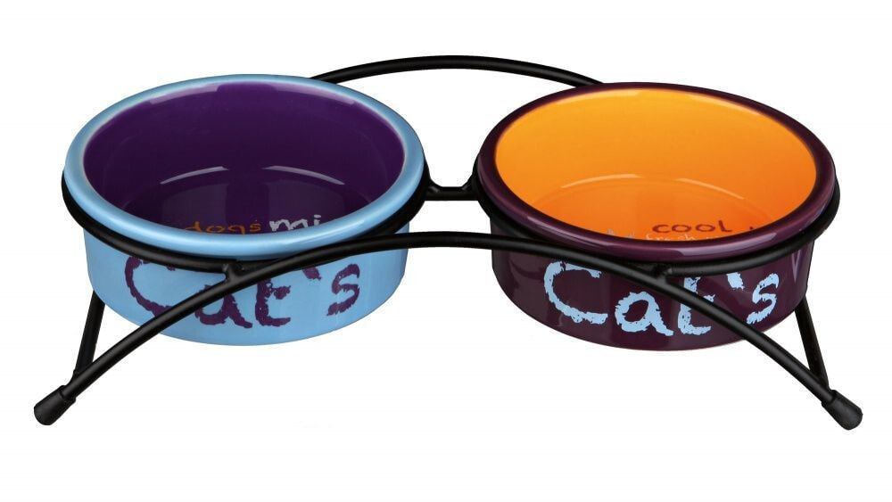 Trixie Set of Eat on Feet ceramic bowls on a stand, 2 × 0.3 l / o 12 cm, light blue / orange / purple