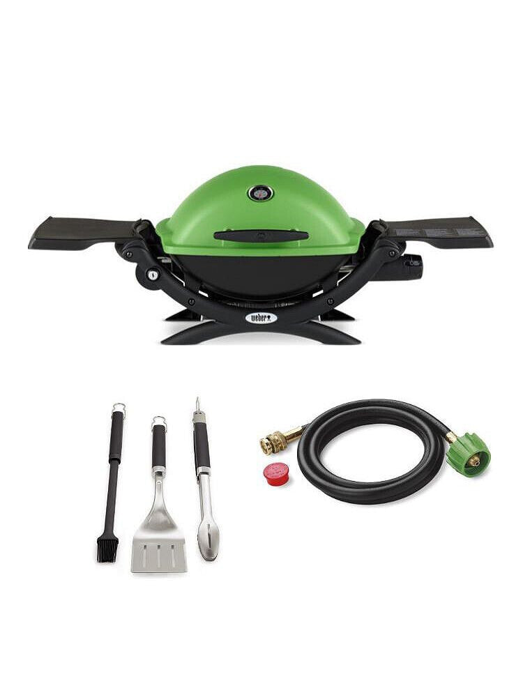 Weber q 1200 Gas Grill (Green) With Adapter Hose And 3-Piece Grill Set