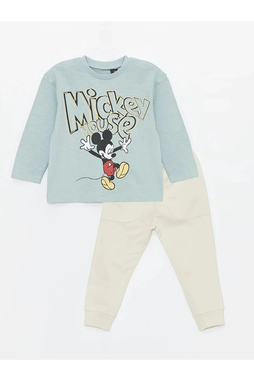 LCW baby Bisiklet Yaka Uzun Kollu Mickey Mouse Baskılı Erkek Bebek Sweatshirt ve Eşofman Alt 2'li