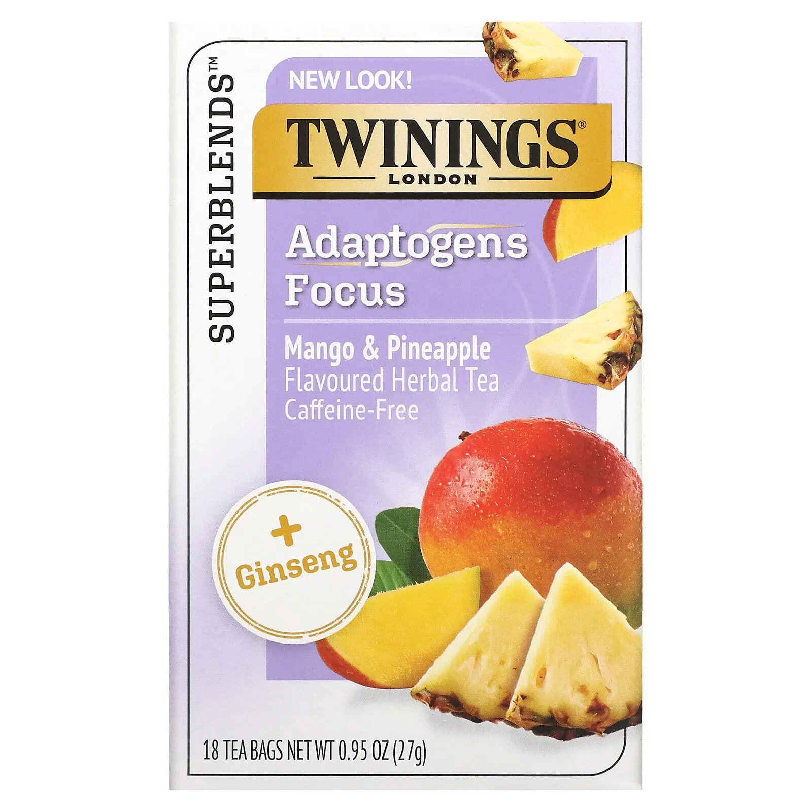 Adaptogens Focus Herbal Tea, Mango & Pineapple, Caffeine Free, 18 Tea Bags, 0.95 oz (27 g)
