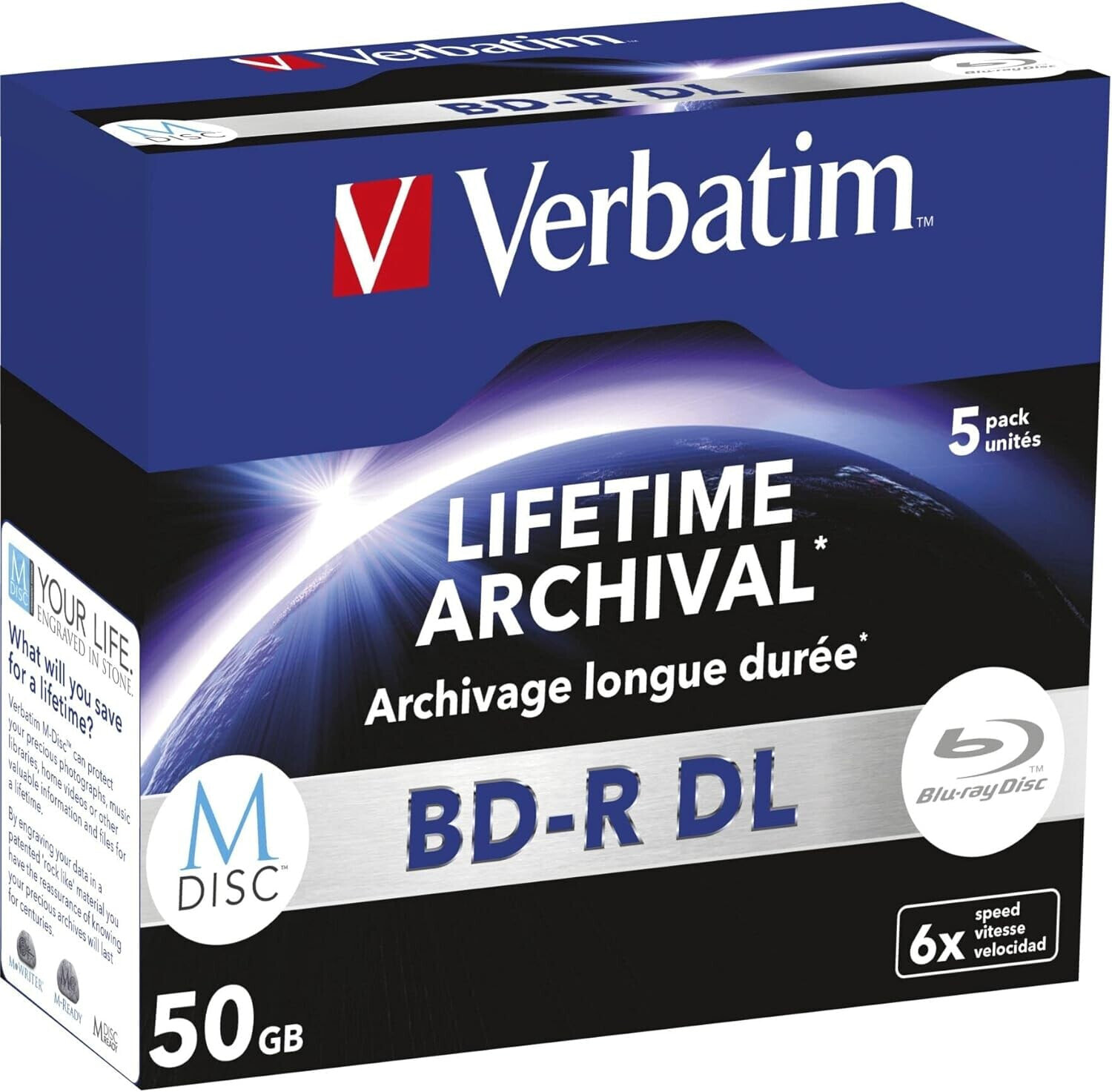 1 x 5 Verbatim M-Disc BD-R Blu-Ray 50GB 6X Speed Jewel Case