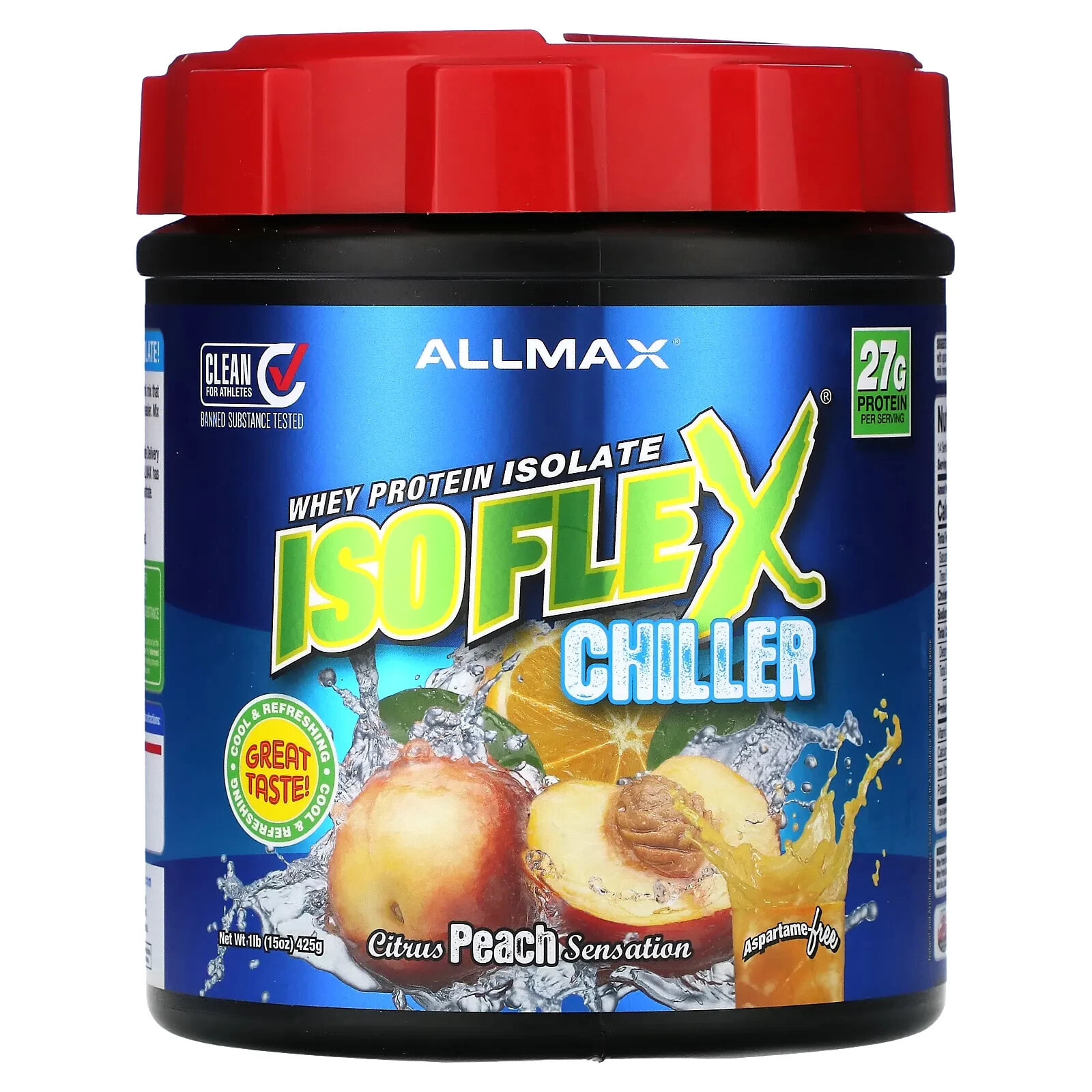 ALLMAX, Isoflex Chiller, изолят сывороточного протеина, цитрусовые и персиковые ощущения, 425 г (1 фунт)