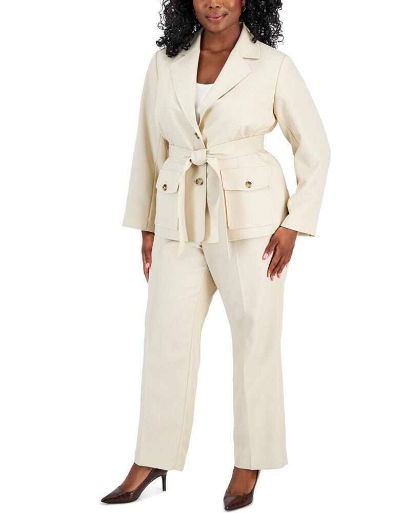 Le Suit plus Size Belted Safari Jacket Pantsuit