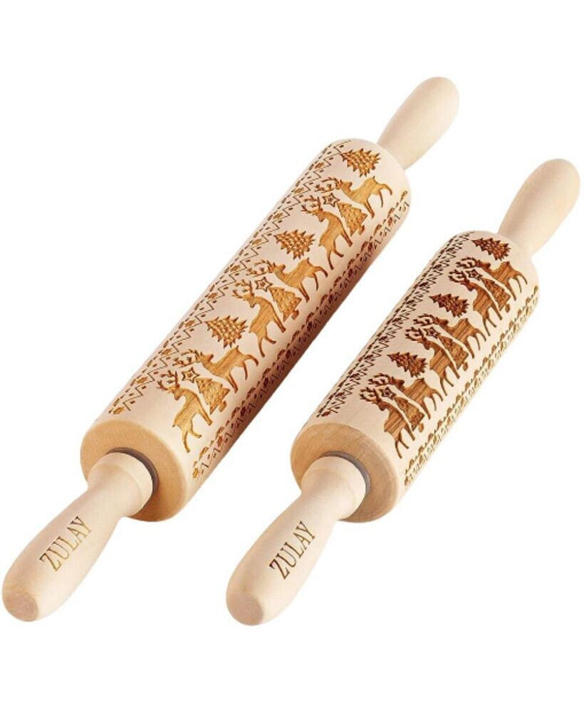 Zulay Kitchen wooden Carved Christmas Rolling Pin 2-Pc.