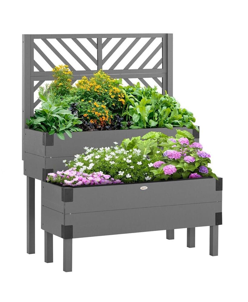 Outsunny 2 Tier Raised Garden Bed with Trellis, Wooden Elevated Planter Box with Legs and Metal Corners, for Vegetables, Flowers, Herbs, Gray