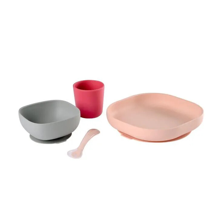Силиконовый набор для кормления BEABA. 4 предмета : Тарелка с присоской, миска с присоской, стакан и  ложечка.